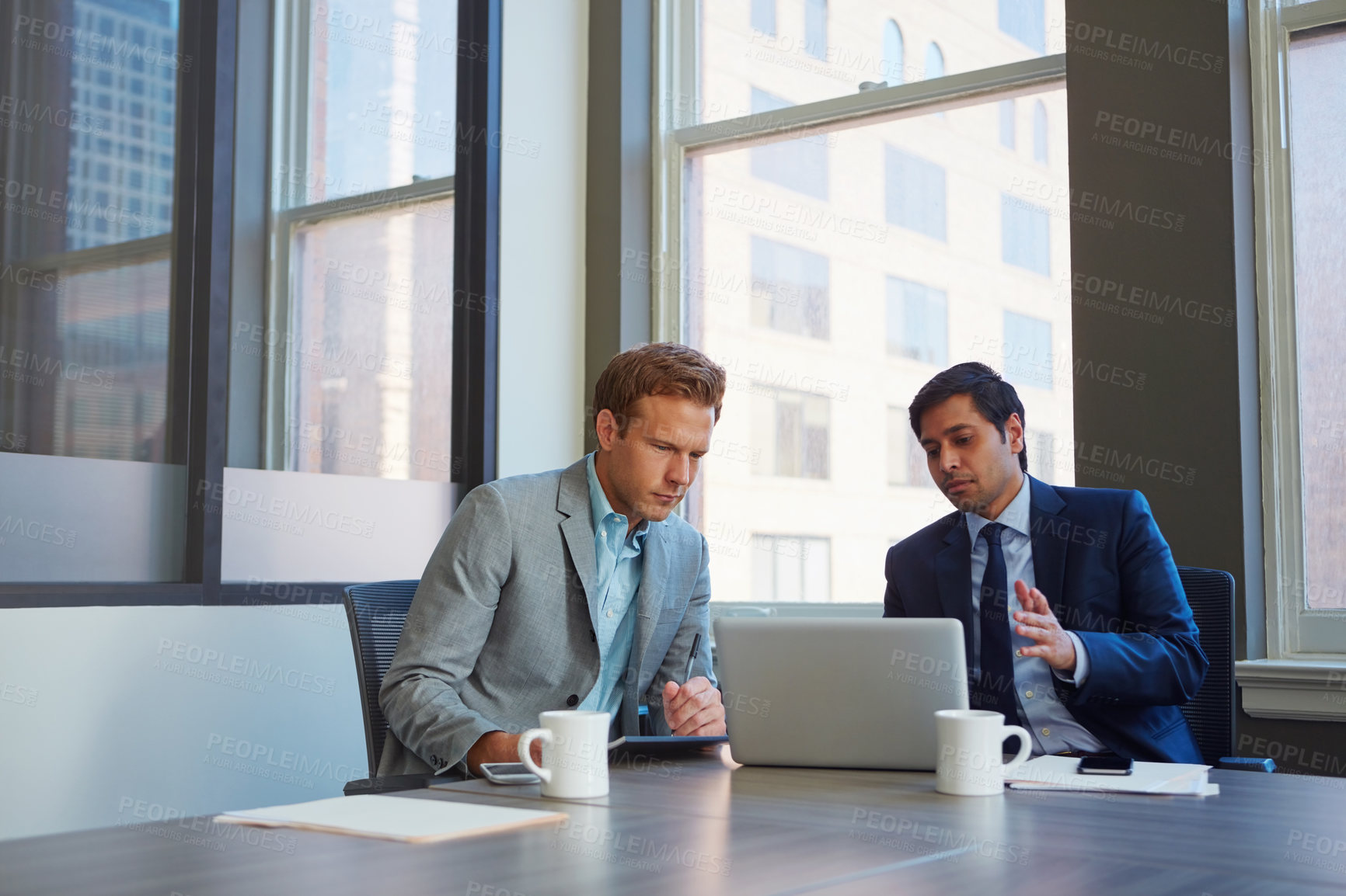 Buy stock photo Men, laptop and office for team research, human resources and online for staff growth in boardroom. Employees, communication and brainstorming for recruitment, collaboration and review application