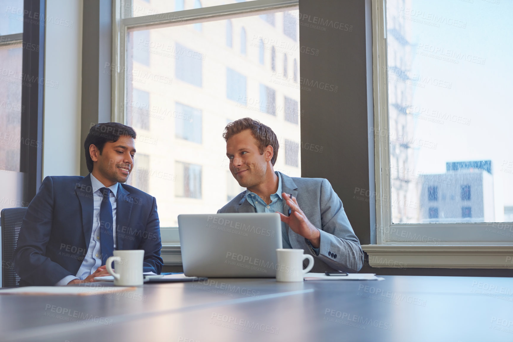 Buy stock photo Men, laptop and boardroom for team discussion, finance and online for budget proposal or profit ideas. Employees, talking and brainstorming for investment in office, growth opportunity and feedback