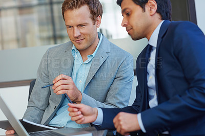 Buy stock photo Men, laptop and office for hr research, business meeting and online for staff growth in boardroom. Employees, communication and brainstorming for recruitment, collaboration and review cv application