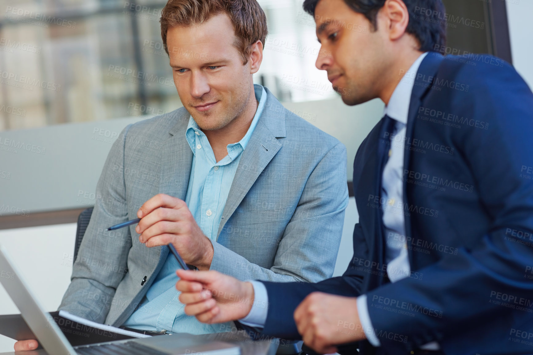 Buy stock photo Men, laptop and office for hr research, business meeting and online for staff growth in boardroom. Employees, communication and brainstorming for recruitment, collaboration and review cv application