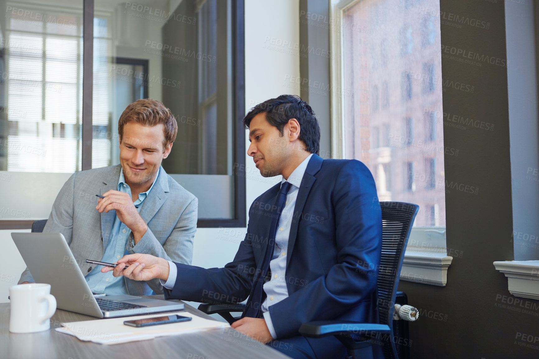 Buy stock photo Men, laptop and office for staff research, human resources and online for team growth in boardroom. Employees, communication and brainstorming for recruitment, collaboration and review cv application