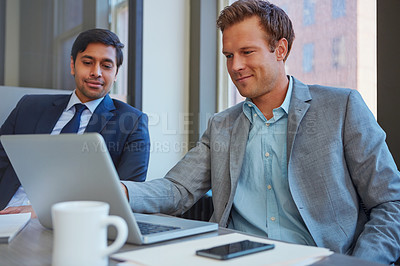 Buy stock photo Men, laptop and office for finance report, feedback and online for budget proposal or profit ideas. Employees, communication and brainstorming for investment, growth opportunity and collaboration