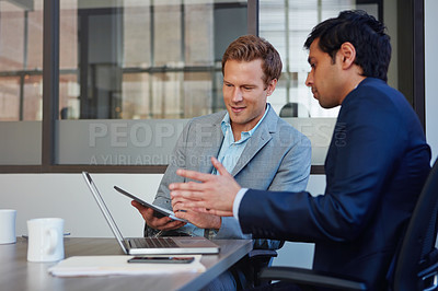 Buy stock photo Laptop, consultant and man in office with advice, business plan and collaboration for proposal. Notes, financial advisor and businessman in meeting for project management, teamwork or online ideas