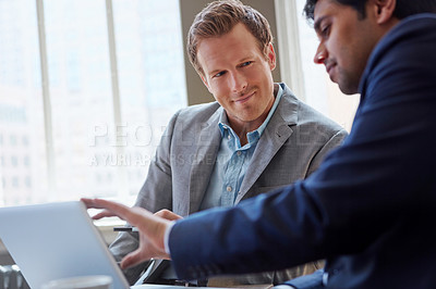 Buy stock photo Laptop, website and men in office for conversation, advice or collaboration for business proposal. Consultant, financial advisor and businessman in meeting for project management, online idea or plan