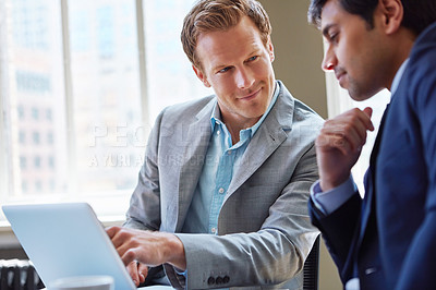 Buy stock photo Laptop, pointing and men in office with advice, research and collaboration for business plan proposal. Consultant, advisor and businessman in meeting for project management, teamwork or online ideas