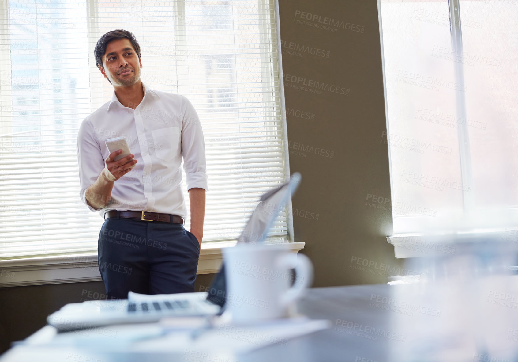Buy stock photo Business, man or thinking with phone at work for property search, listing upload or planning viewing. Real estate agent, person and smartphone with reflection on market trends, client update or space