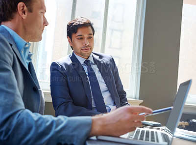 Buy stock photo Men, laptop and office for budget discussion, finance and online for income proposal or profit ideas. Employees, communication and brainstorming for investment, growth opportunity and collaboration