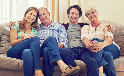 Buy stock photo Portrait of a couple and their elderly parents at home