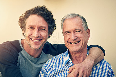 Buy stock photo Portrait of a man and his elderly father at home