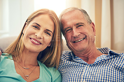 Buy stock photo Portrait of a woman and her elderly father at home