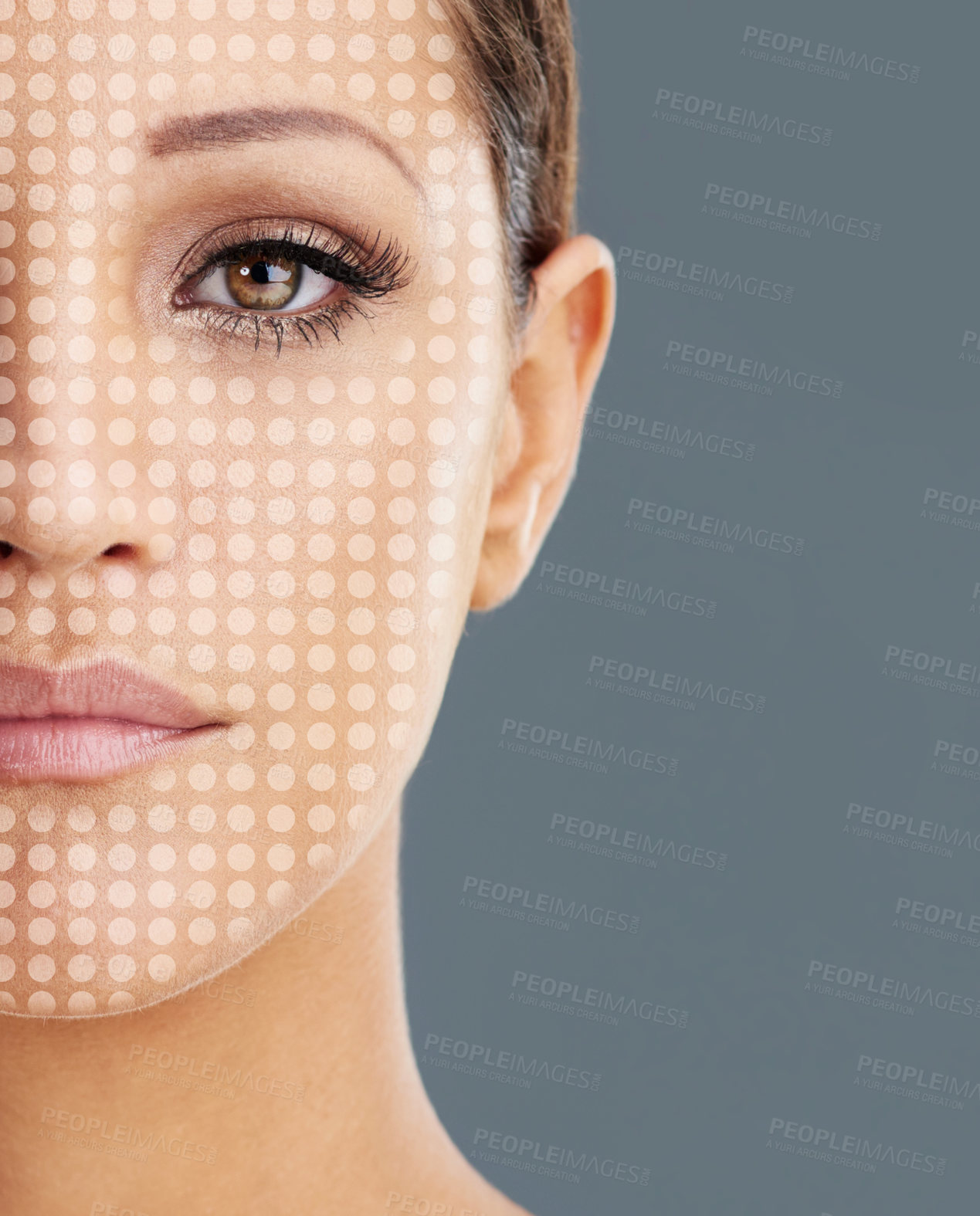 Buy stock photo Beauty, skincare and scan with portrait of woman in studio for skin analysis, laser facial and cosmetics profile. Grid, spa treatment and dermatology tech with face of person on gray background