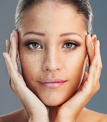 Buy stock photo Composite shot of a woman with and without makeup
