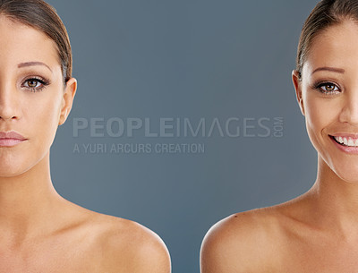 Buy stock photo Composite shot of a woman with and without a tan
