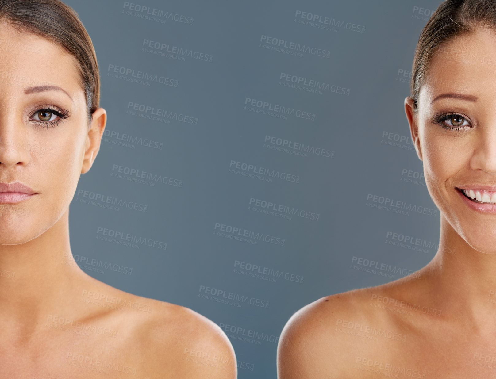 Buy stock photo Woman, portrait or face in studio for comparison, transformation or skincare. Person, happy or change on gray background space with facial treatment, skin therapy or transition for beauty or wellness