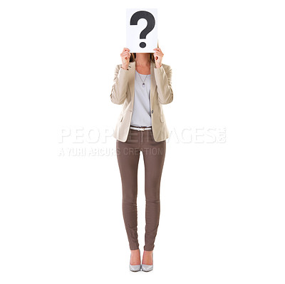 Buy stock photo Business, woman and paper with question mark in studio for doubt, confused and consultant for help with about us. Entrepreneur, professional and poster for FAQ and communication on white background