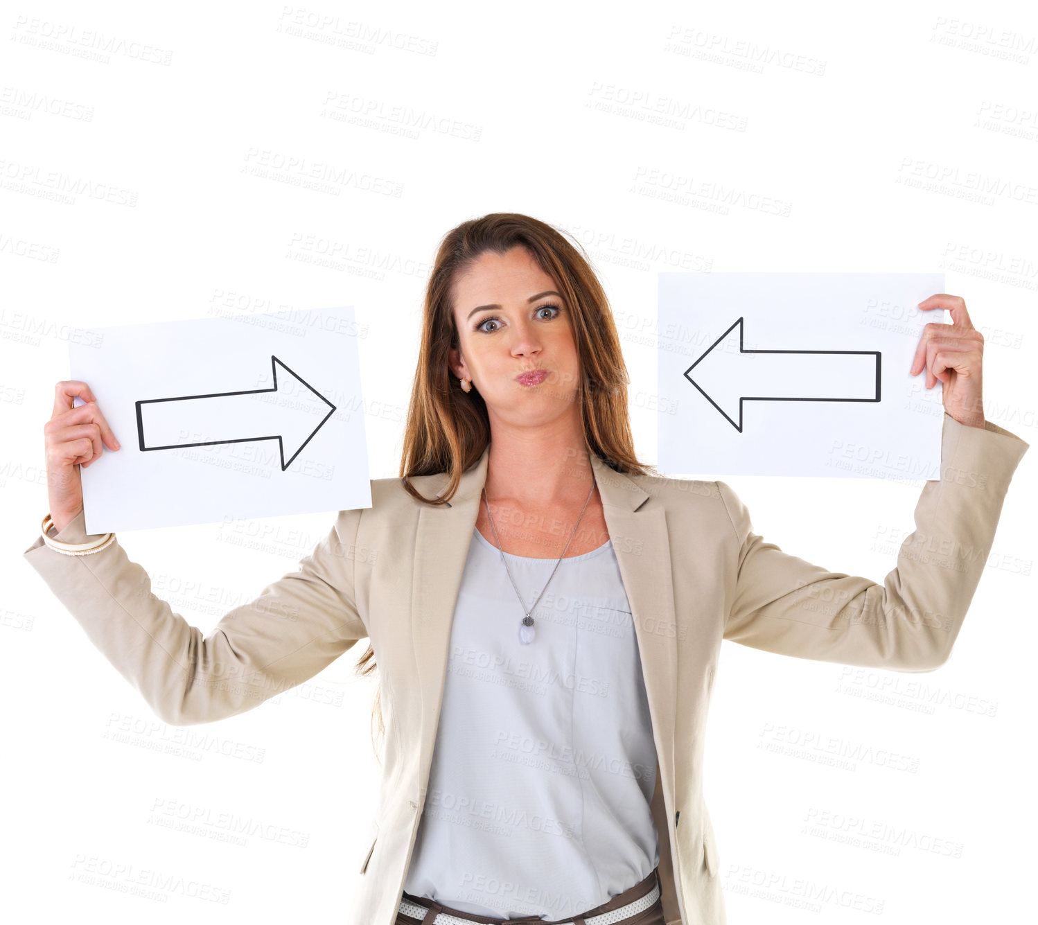 Buy stock photo Woman, arrows and board with portrait for direction, choice and suggestion in studio. Businesswoman, placard and sign for joke, marketing and branding on isolated white background with mockup space