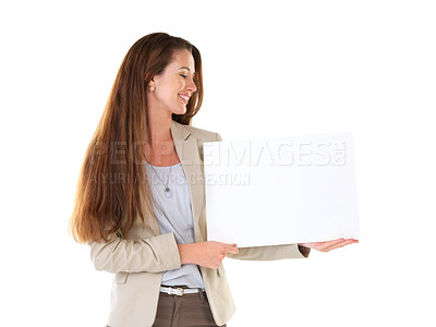 Buy stock photo Businesswoman, poster and advertising with mockup for branding, product placement or marketing on studio. Copywriter, blank or billboard sign by female person for display, announcement or information