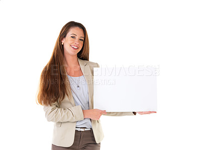 Buy stock photo Studio shot of a young businesswoman holding a blank  field of white copyspace
