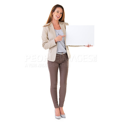 Buy stock photo Woman, poster and advertising in portrait with mockup for marketing, product placement and branding in studio. Copywriter, blank or billboard sign by female person for display, information or design