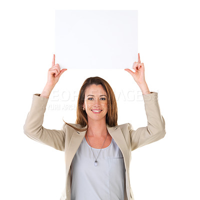 Buy stock photo Woman, poster and advertising in portrait with mockup for display, product placement and branding on studio. Copywriter, blank or billboard sign by female person for marketing, announcement or design