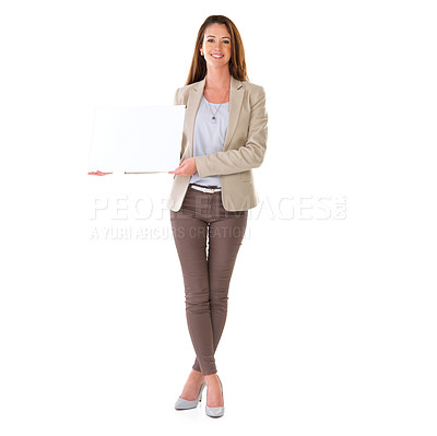 Buy stock photo Poster, white background and portrait of business woman for information, announcement and news. Professional, happy and isolated person with banner, billboard and sign for mockup space in studio