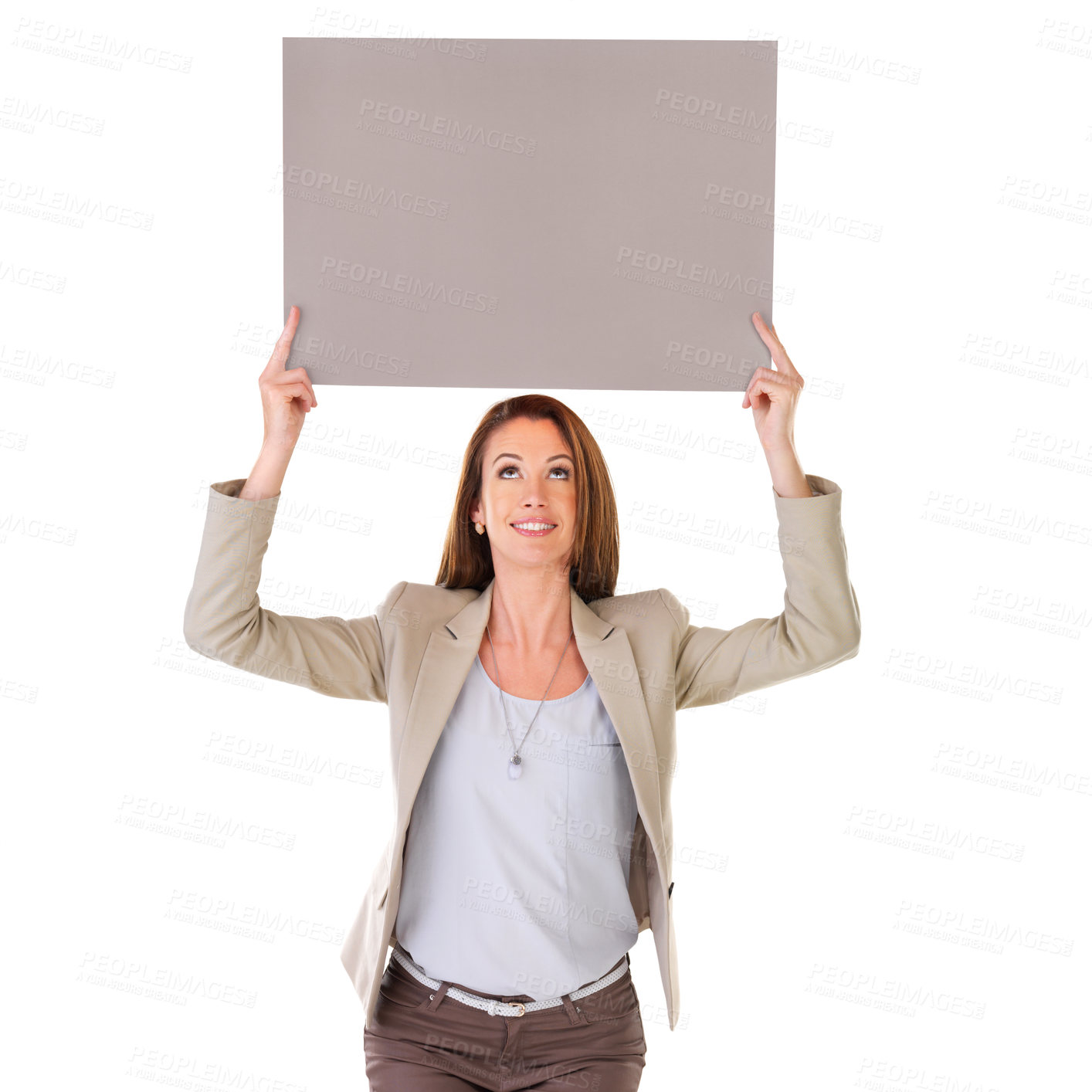 Buy stock photo Poster, looking up and business woman on a white background for information, announcement and news. Professional, happy and isolated person with banner, billboard and sign for mockup space in studio