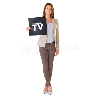 Buy stock photo Text, woman and portrait in studio for advertising or marketing strategy and promotion with message for announcement. Girl, poster or board and sign for consumer service, branding and shopping sale.