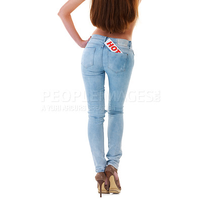 Buy stock photo Woman, back and pocket for sign in studio, fashion and jeans sale or promo on white background. Female person, denim discount and notice for info or news, mockup space and placard by bum for text