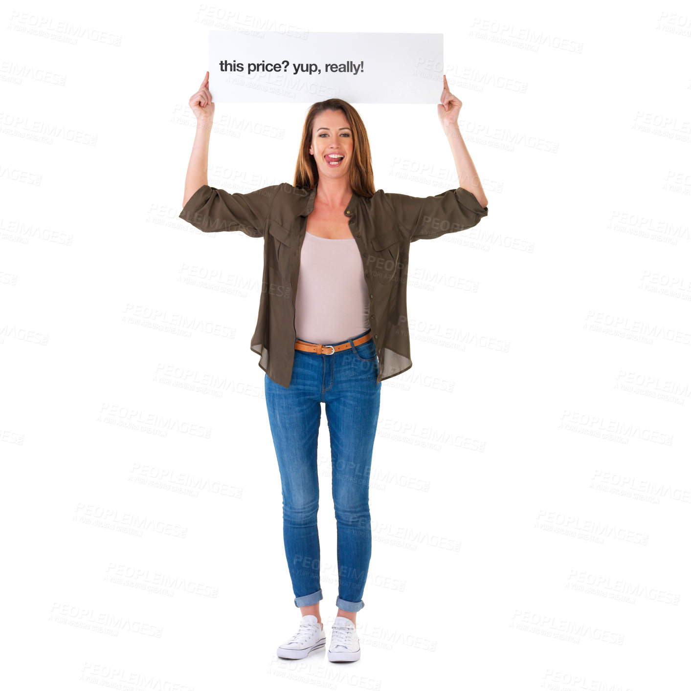 Buy stock photo Woman, portrait and poster with sale promotion in studio for billboard announcement, savings or deals. Female person, mockup space and signage for retail advertising, marketing or white background