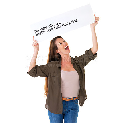 Buy stock photo Woman, shock and poster as sale discount in studio for billboard announcement, mockup space or exciting. Female person, signage and low prices as retail promotion on white background, wow or news