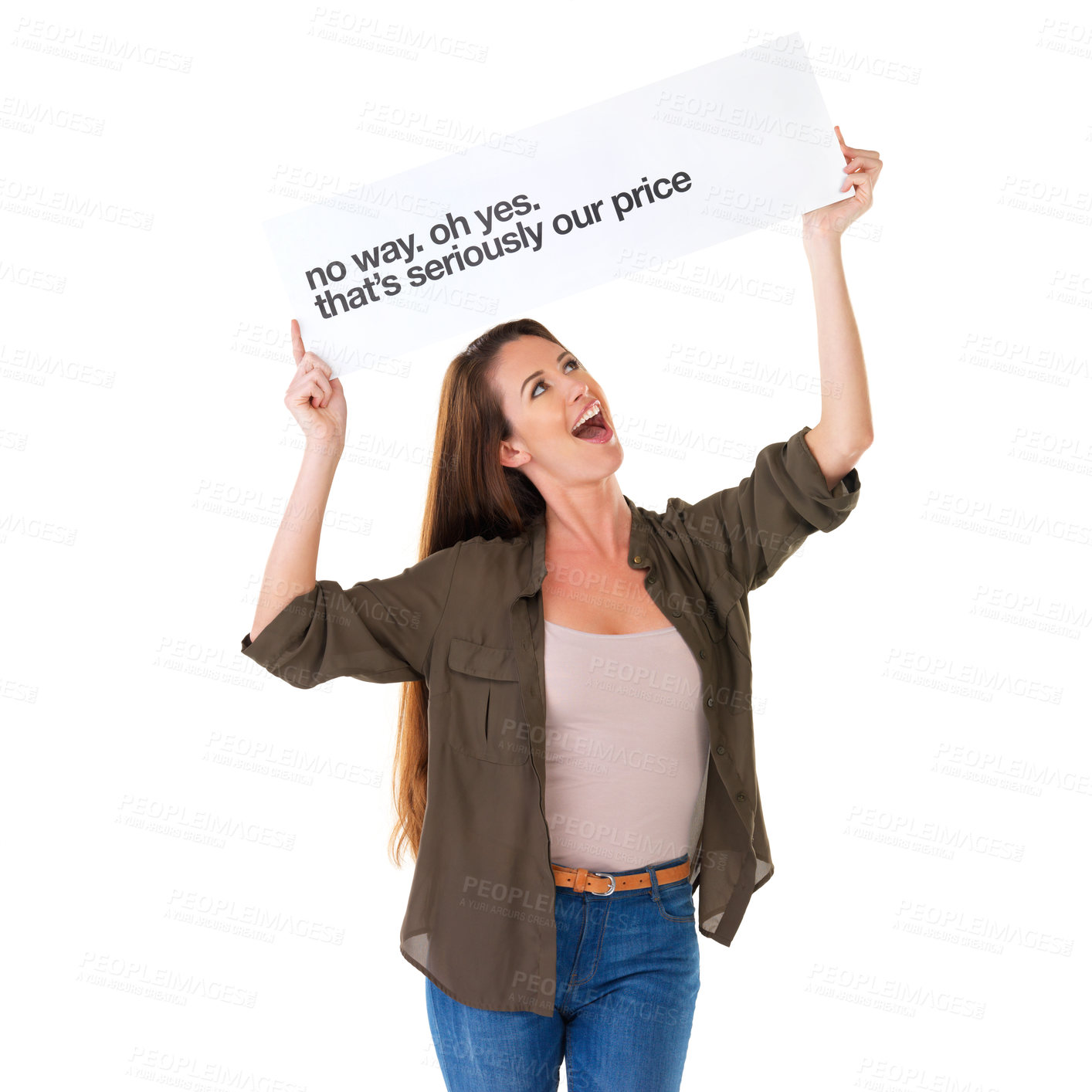 Buy stock photo Woman, shock and poster as sale discount in studio for billboard announcement, mockup space or exciting. Female person, signage and low prices as retail promotion on white background, wow or news