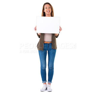 Buy stock photo Studio shot of a young woman in casual clothes holding a blank field of white copyspace