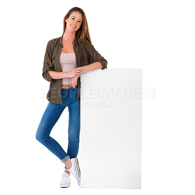 Buy stock photo Poster, white background and portrait of woman for information, announcement and news. Smile, happy and isolated confident person with banner, billboard and sign for mockup space or promo in studio