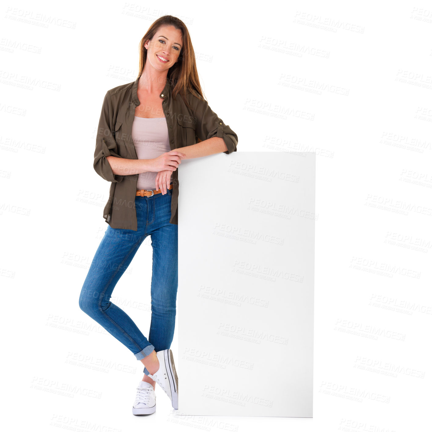 Buy stock photo Poster, white background and portrait of woman for information, announcement and news. Smile, happy and isolated confident person with banner, billboard and sign for mockup space or promo in studio