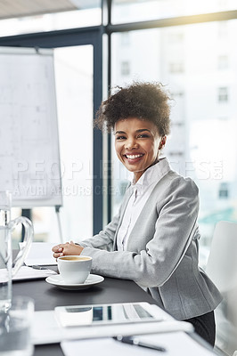 Buy stock photo Portrait, business and black woman with investment, accountant and financial advisor with smile. Person at desk, professional or broker with startup and corporate with confidence or economist analyst