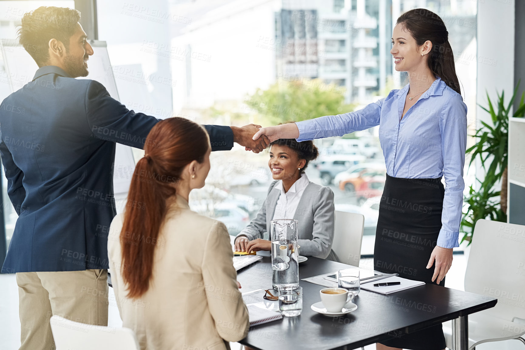Buy stock photo Business people, handshake and meeting with partnership for introduction, greeting or agreement at office. Businessman shaking hands with colleague or group for deal, b2b or teamwork in boardroom