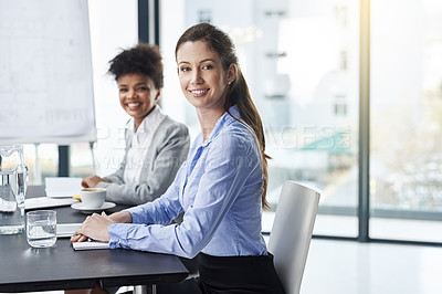 Buy stock photo Business woman, meeting and smile in portrait, presentation for project planning and confidence at hedge fund firm. Pride, ambition and finance consultant working together with team for collaboration