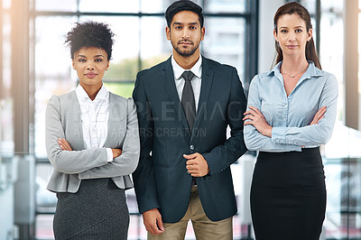 Buy stock photo Portrait, serious and group of business people together in office for cooperation, diversity or about us. Team, confidence and women with arms crossed for solidarity or collaboration of consultant