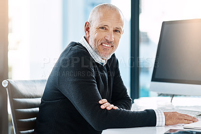 Buy stock photo Office, portrait and mature man at computer with confidence, pride and trust in business opportunity. CEO, manager and businessman at desk with online research, smile and professional at law firm.