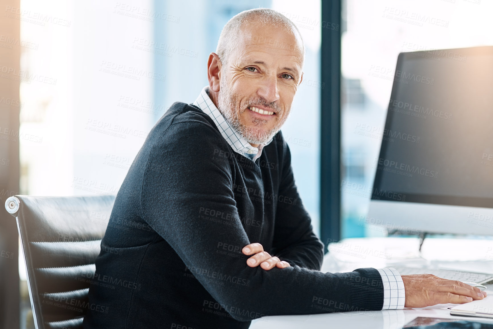 Buy stock photo Office, portrait and mature man at computer with confidence, pride and trust in business opportunity. CEO, manager and businessman at desk with online research, smile and professional at law firm.