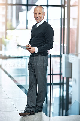 Buy stock photo Lobby, portrait and mature man with tablet, pride and confidence in business opportunity. CEO, entrepreneur or happy businessman with online project management, company boss and digital app in office