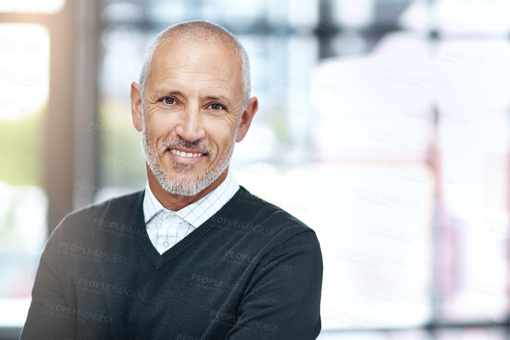 Buy stock photo Office, mockup and portrait of mature man with confidence, pride and smile for business opportunity. CEO, entrepreneur or happy businessman with project management, company boss and advisory agency