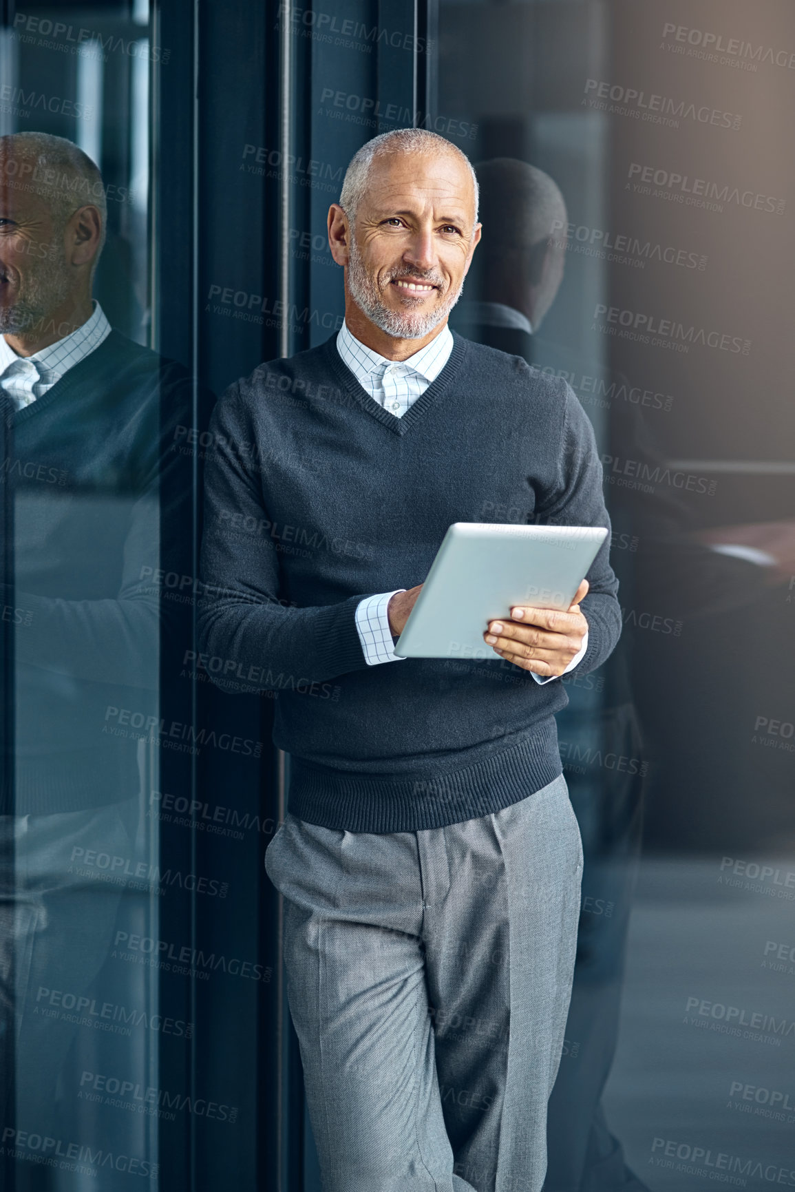 Buy stock photo Company, portrait and mature man with tablet, pride and confidence in business opportunity. CEO, entrepreneur or happy businessman boss with online project management, digital app and office lobby