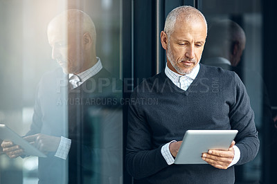Buy stock photo Window, reading and mature man with tablet, email and report for business opportunity. CEO, entrepreneur or businessman with online project management, digital app and web feedback in office lobby