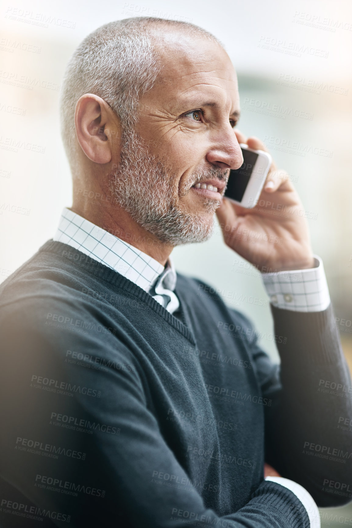 Buy stock photo Office, networking and mature man with phone call, conversation and chat for business opportunity. CEO, manager and proud businessman with smartphone for discussion, planning and company development