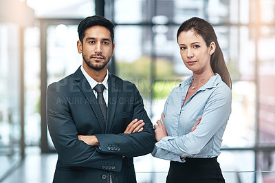 Buy stock photo Portrait, confident and team of business people together in office for cooperation, diversity or about us. Serious face, staff or employee with arms crossed for solidarity or collaboration of advisor