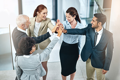 Buy stock photo Business people, teamwork and high five in office for celebration, success or support at law firm. Group or lawyer with hands together for good news with perseverance, winning and unity in legal case