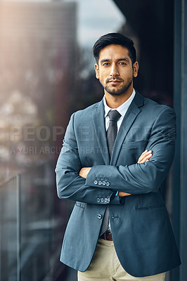 Buy stock photo Office, balcony and portrait of man with confidence, career pride and trust in business opportunity. Consultant, entrepreneur or businessman with arms crossed, ambition and professional job in city