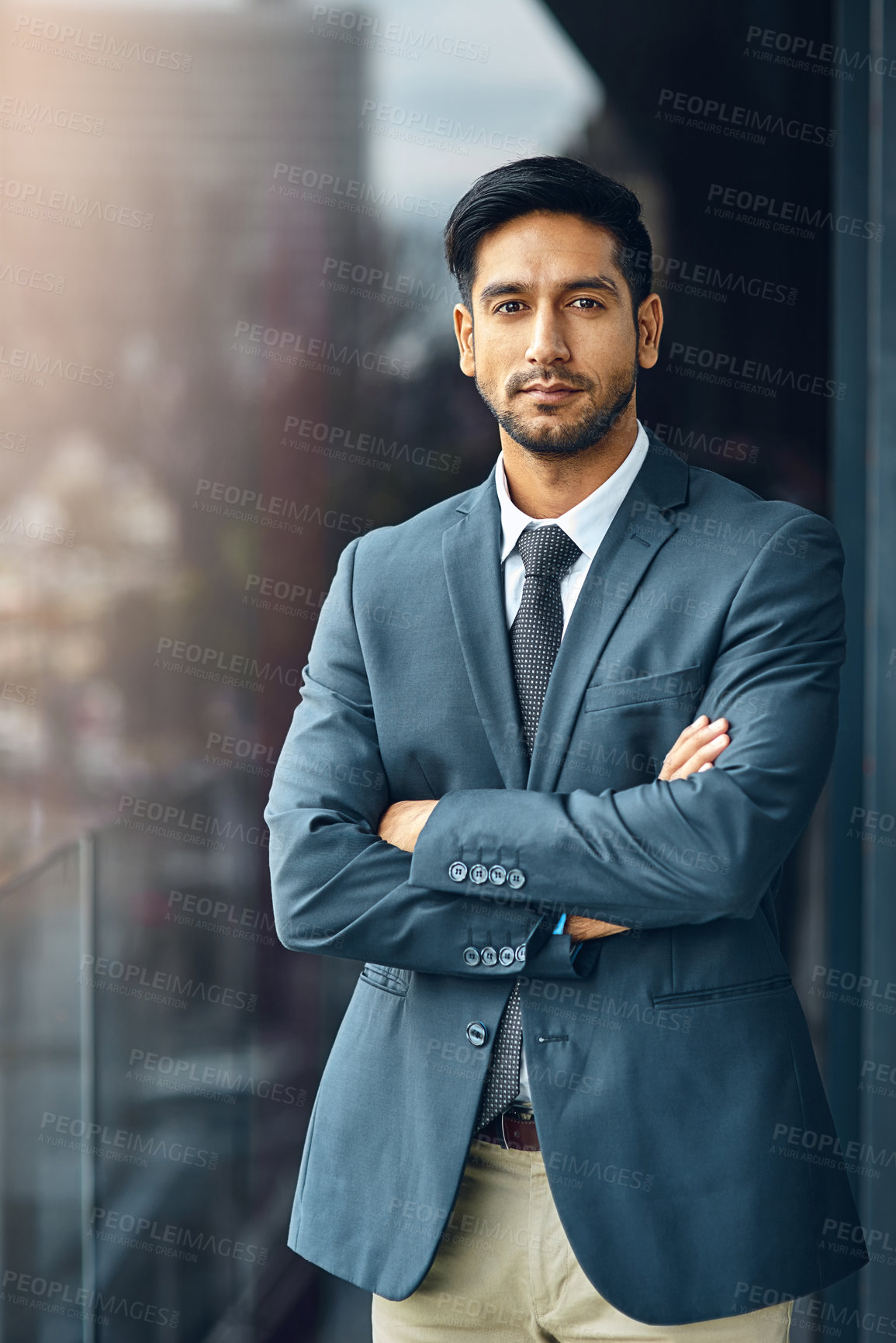 Buy stock photo Office, balcony and portrait of man with confidence, career pride and trust in business opportunity. Consultant, entrepreneur or businessman with arms crossed, ambition and professional job in city