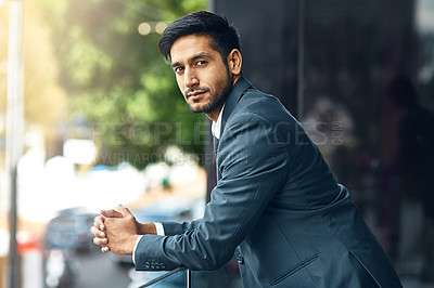 Buy stock photo City, balcony and portrait of business man by building for working, career and job. Professional workplace, corporate lawyer and serious person with confidence, company pride and opportunity in India